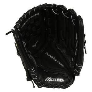Top-down view of a black baseball glove with white stitching and Mizuno and ParaFlex Palm text.