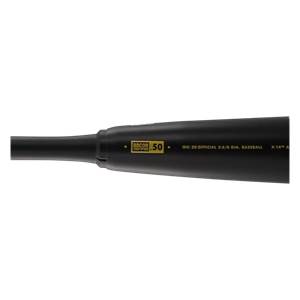 Side view of a black baseball bat with BBCOR CERTIFIED .50 and GIC-20 OFFICIAL 2-5/8 DIA. BASEBALL text.