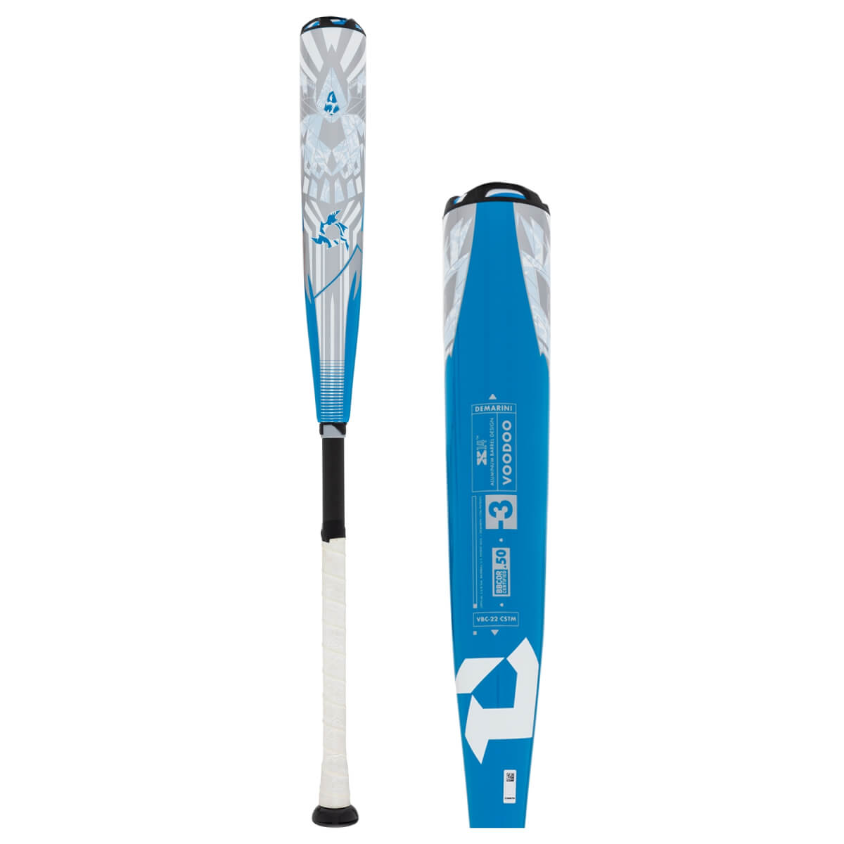 Side view of a blue baseball bat with VOODOO and 3 visible.