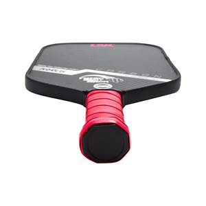 Top-down view of a black pickleball paddle with a red grip and CARBON text.