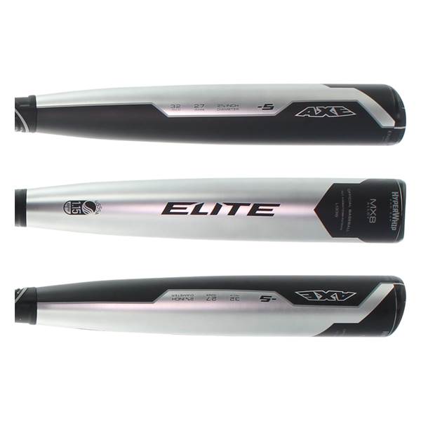 Side view of a silver and black baseball bat with ELITE and AXE branding.