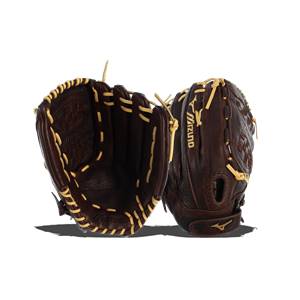 Front view of a brown softball glove with yellow stitching and Franchise text.