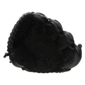 Top-down view of a black softball glove with stitched finger stalls and a deep pocket.