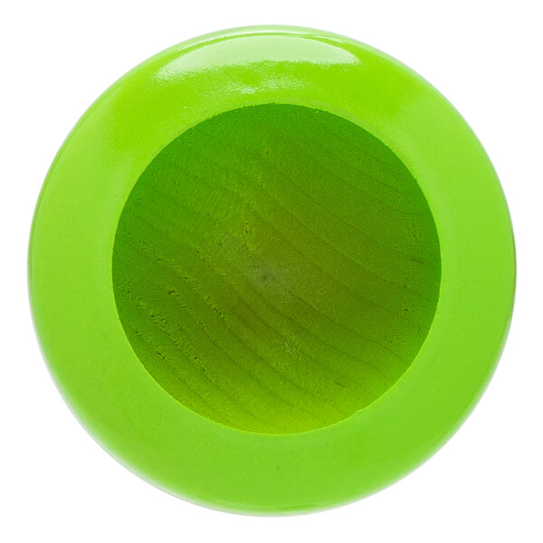 Top-down view of a bright green baseball bat with a glossy finish and a cupped end revealing wood grain.