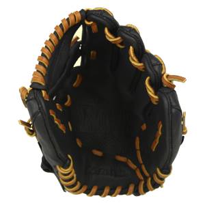 Top-down view of a black baseball glove with tan lacing and a debossed Mizuno logo.