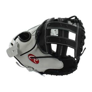 Side view of a white and black catchers mitt with a red Rawlings logo and white stitching.