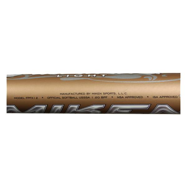 Side view of a gold softball bat with LIGHT and MIKEN branding, model FPFX12, and USSSA, NSA, and ISA approval markings.