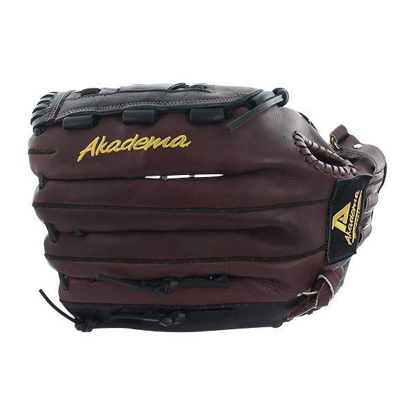 Side view of a brown baseball glove with gold Akadema text and a black patch with a gold A logo.