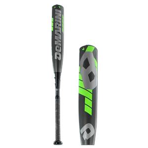 Side view of a black baseball bat with green DeMarini branding and a textured grip.
