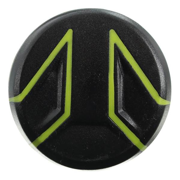 Top-down view of a black baseball bat end cap with green geometric accents.