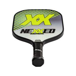 Top-down view of a black pickleball paddle with yellow XX logo and NEXXED branding.
