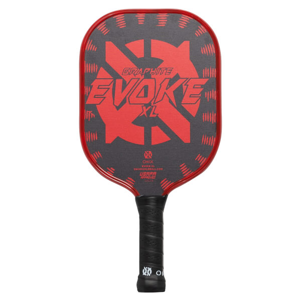 Front view of a red and gray pickleball paddle with EVOKE XL text and USAPA approved label.