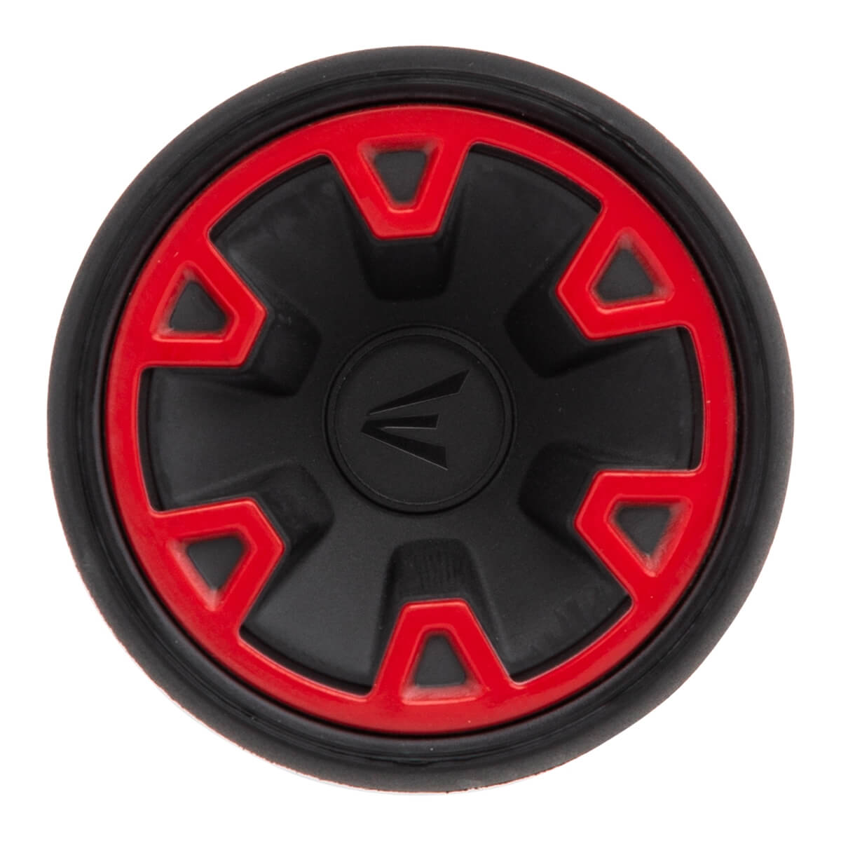 Top-down view of a black baseball bat end cap with red accents and the Easton logo.