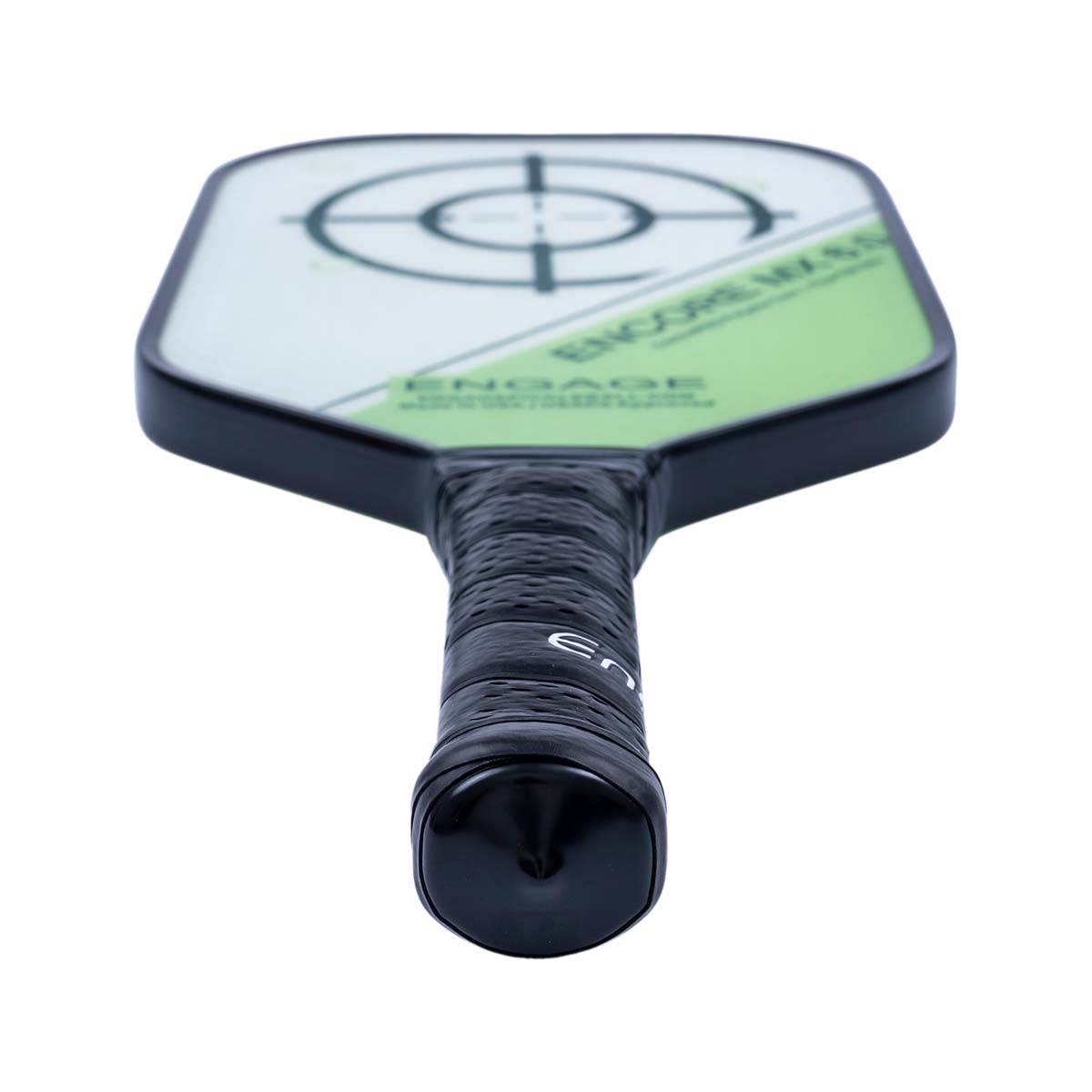 Top-down view of a black pickleball paddle with a white target and green ENGAGE text.