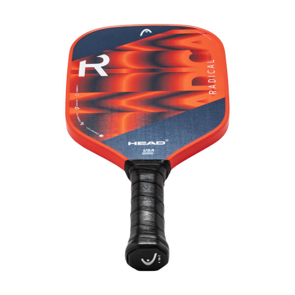 Top-down view of an orange pickleball paddle with a blue and red abstract design, a white R, and HEAD USA text.