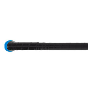 Close-up of black bat handle with square-patterned grip and a bright blue knob.