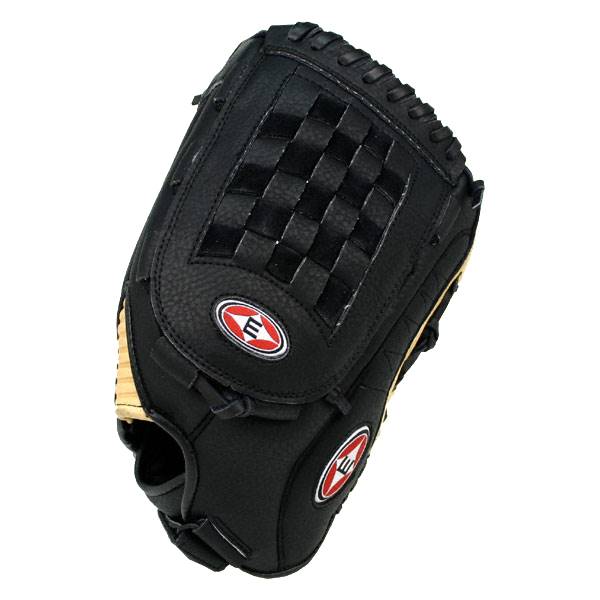 Top-down view of a black baseball glove with a woven palm and two red Easton logos.