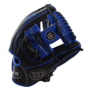 Side view of a black and blue baseball glove with Wilson text and W logos.