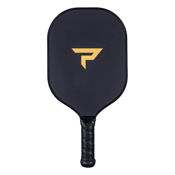 Front view of a black pickleball paddle with a yellow geometric logo and textured grip.