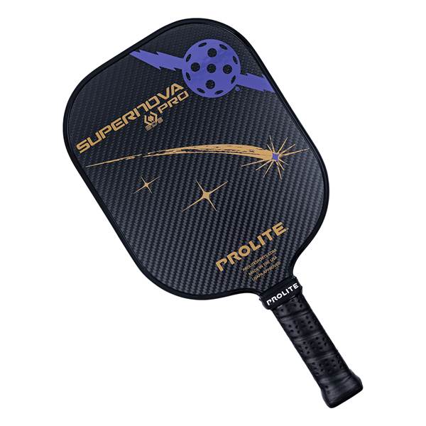 Top-down view of a black pickleball paddle with a carbon fiber texture, SUPERNOVA PRO text, and a shooting star graphic.