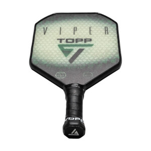 Top-down view of a green and black pickleball paddle with VIPER and TOPP text and a triangular logo.