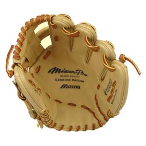 Inside view of a tan Mizuno Pro baseball glove with Limited Edition and Mizuno branding.