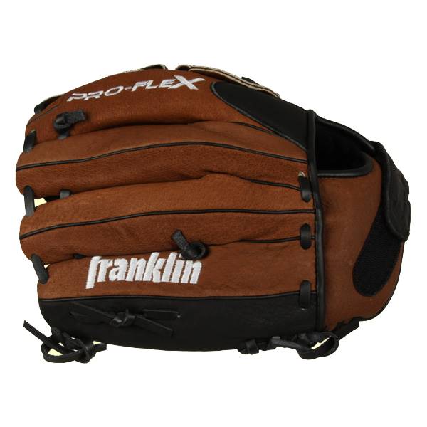 Side view of a brown baseball glove with black accents, PRO-FLEX text, and franklin logo.