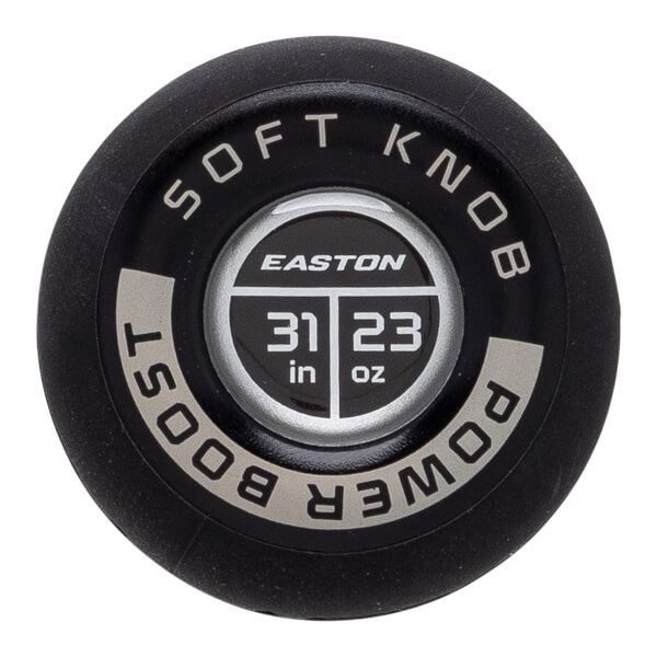 Top-down close-up of a black bat knob with SOFT KNOB POWER BOOST text and EASTON 31 in 23 oz details.