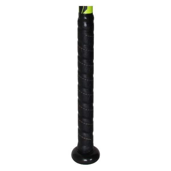 Close-up of a black baseball bat grip with yellow accents and a black knob.