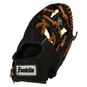Side view of a black baseball glove with tan lacing and a white Franklin logo.