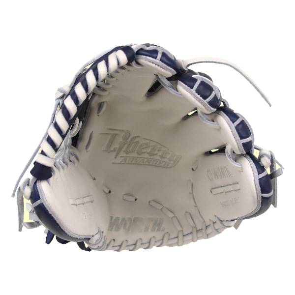 Inside view of a white baseball glove with navy blue accents, Liberty Advanced embossed on the palm, and WORTH. stitched on the finger.