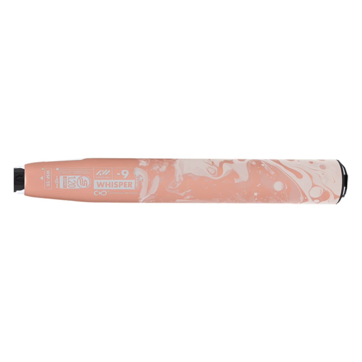 Side view of a peach and white marbled fastpitch softball bat with WHISPER -9 printed on the barrel.