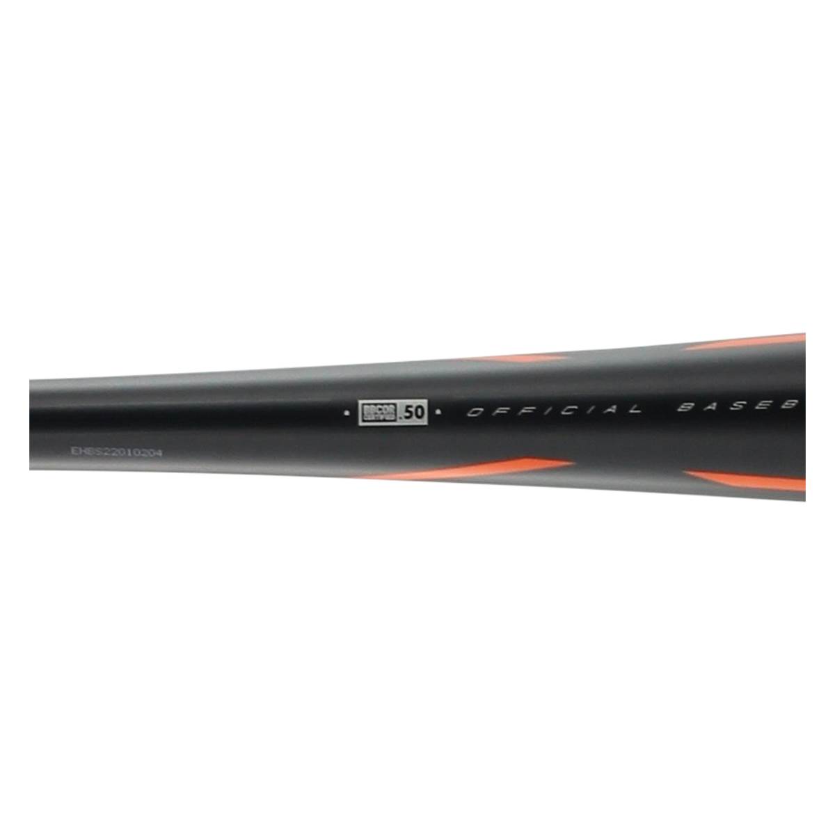 Side view of a black baseball bat with orange accents and OFFICIAL BASEB text.