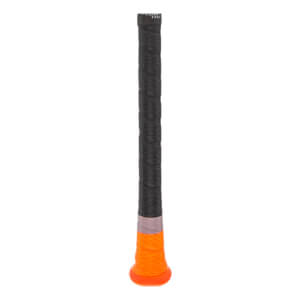Close-up of a black baseball bat grip with orange end cap and FLOW TAC text.