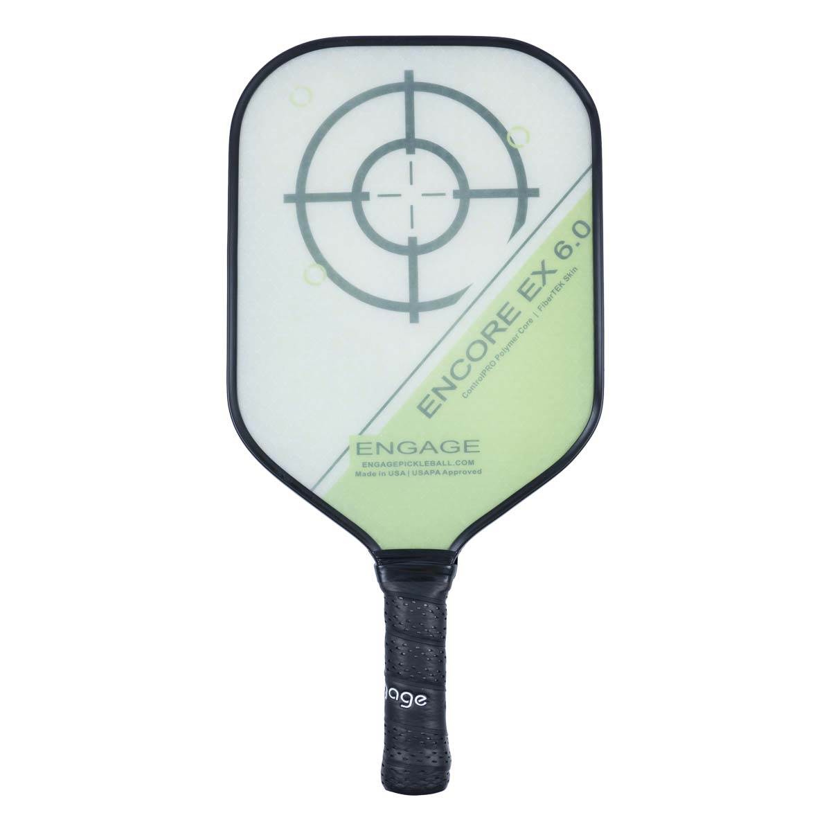 Front view of a white pickleball paddle with a target graphic, ENCORE EX 6.0 text, and a black grip.