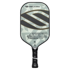 Front view of a gray and black pickleball paddle with a camouflage pattern, INVIKTA text, and Selkirk branding.