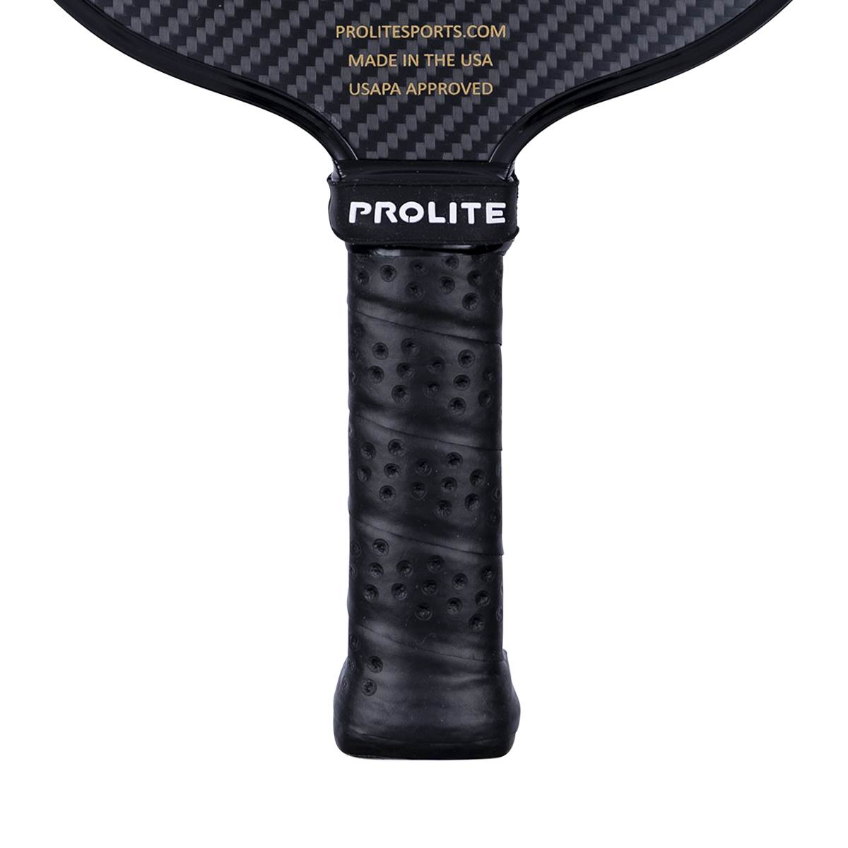 Top-down view of a black pickleball paddle with a carbon fiber face, PROLITE logo, and perforated grip.