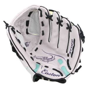 Top-down view of a white Easton Synergy Fastpitch youth glove with black lacing and teal accents.