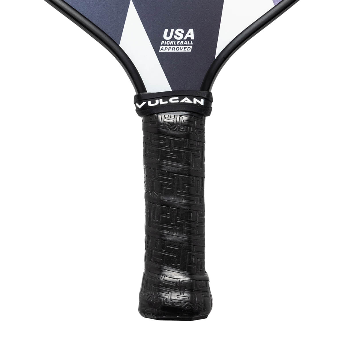 Close-up of a black pickleball paddle grip with Vulcan branding and USA PICKLEBALL APPROVED text.