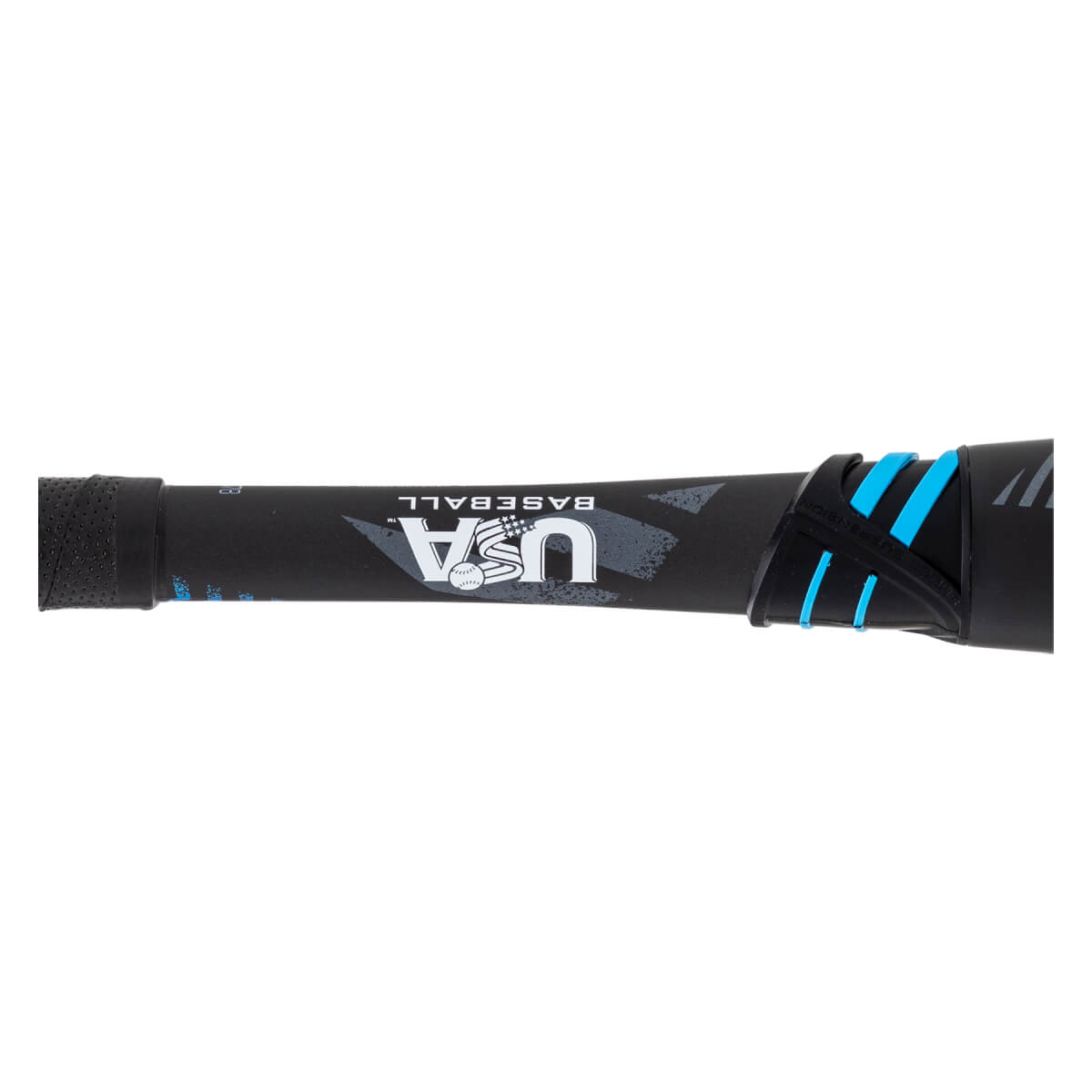 Side view of a black baseball bat with USA BASEBALL logo and blue accents on the handle.