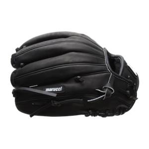 Side view of a black baseball glove with white stitching and a marucci logo.