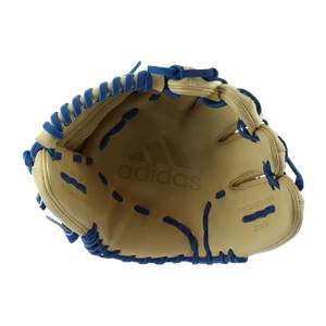Top-down view of a tan baseball glove with blue lacing and an embossed Adidas logo.