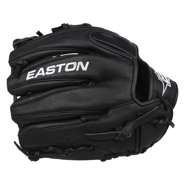 Front view of a black Easton baseball glove with white embroidered lettering and a star logo.