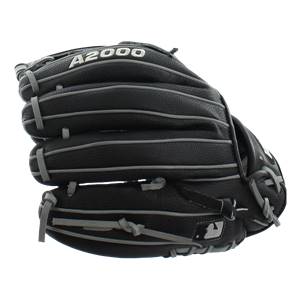 Side view of a black baseball glove with A2000 branding and gray lacing.