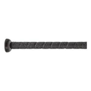 Side view of a black baseball bat with a textured grip and a rounded end cap.