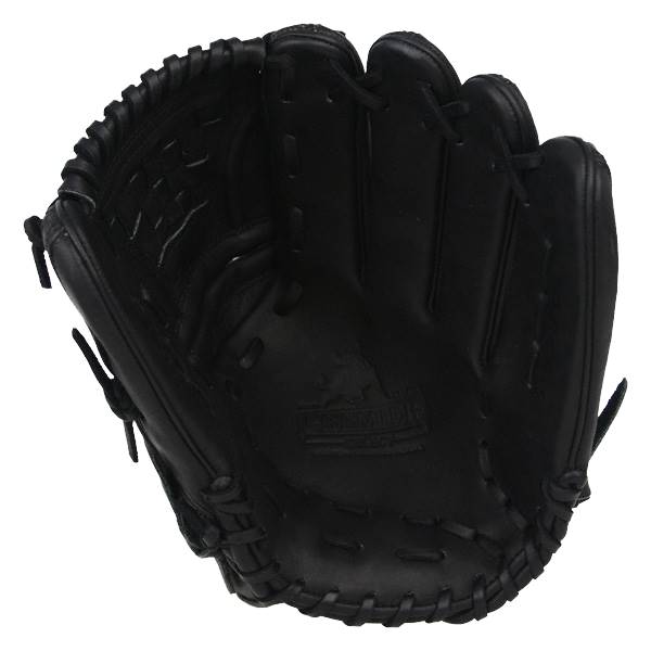 Top-down view of a black baseball glove with PREMIER SELECT embossed on the palm.