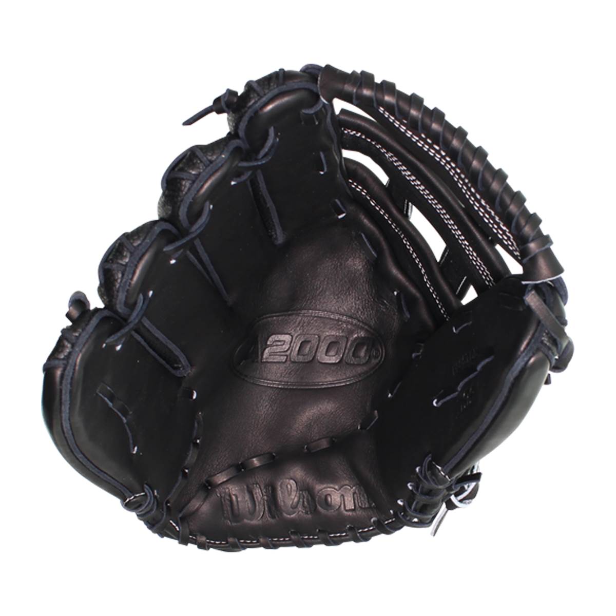 Top-down view of a black baseball glove with 2000 and Wilson embossed on the leather.