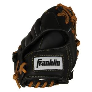 Side view of a black baseball glove with tan lacing and a white Franklin logo.