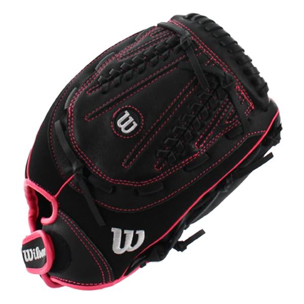 Top-down view of a black fastpitch glove with pink stitching and a white Wilson logo.