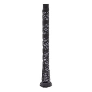 Close-up of a black baseball bat grip with a repeating pattern and a black end cap.